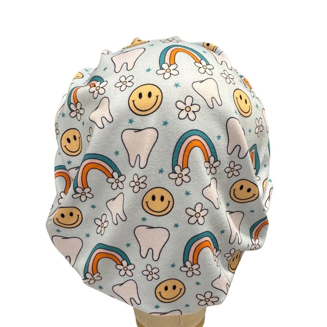 Rainbow Dental Bouffant Scrub Cap | Smiley Tooth Surgical Cap | Dentist & Dental Hygienist Scrub Hat