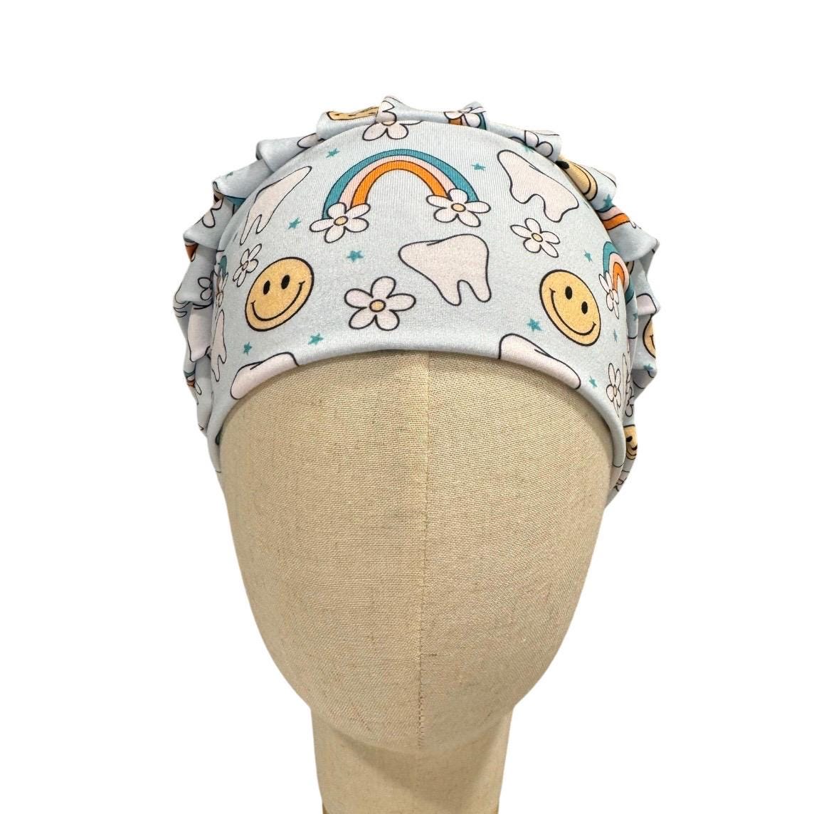 Rainbow Dental Bouffant Scrub Cap | Smiley Tooth Surgical Cap | Dentist & Dental Hygienist Scrub Hat
