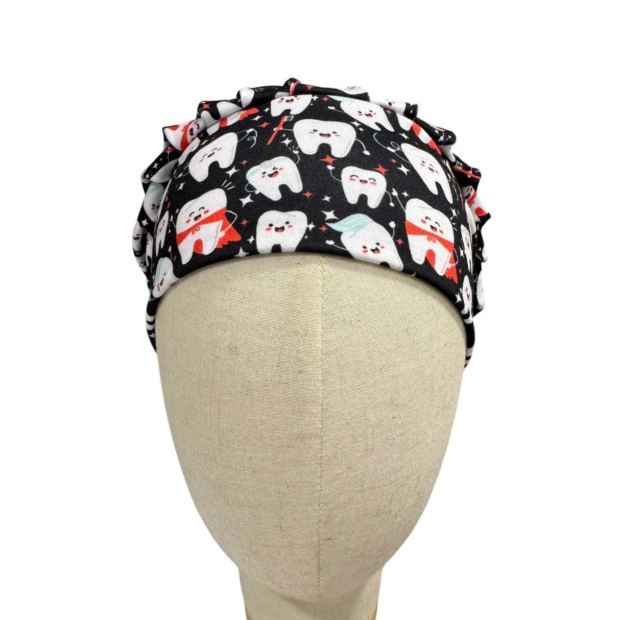 Dentist Black Bouffant Scrub Cap, Dental Hygienist Hat