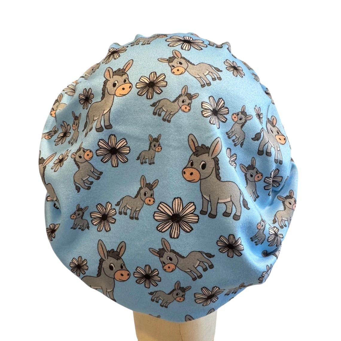 Donkey On Blue Bouffant Scrub Cap, Headband Style Surgical Hat