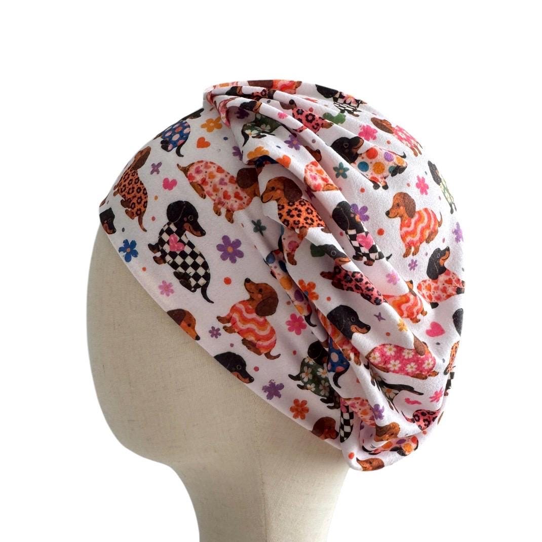 Dachshund Floral Bouffant Scrub Cap, Dog Surgical Scrub Cap