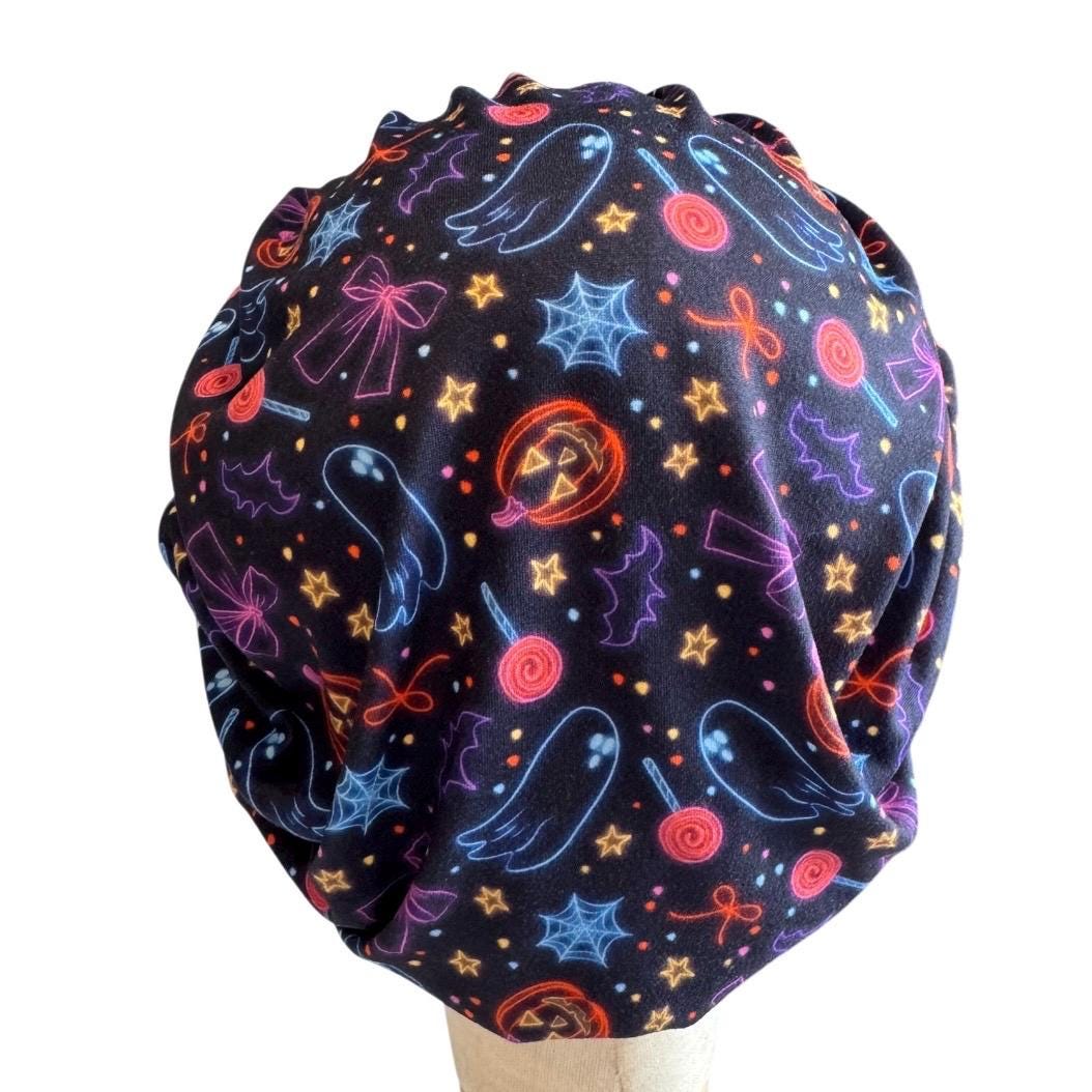 Halloween Neon Ghost Bouffant Scrub Cap, Spooky Nurse Hat