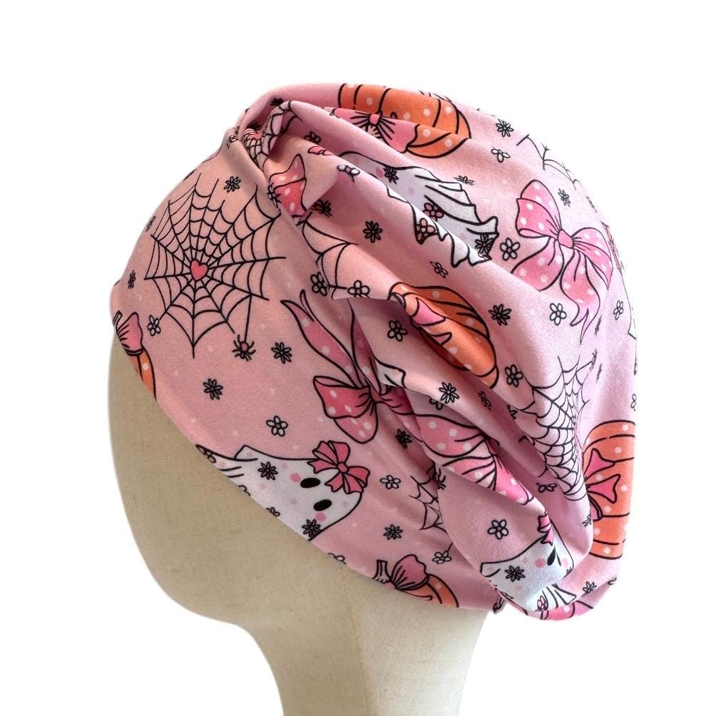 Pink Halloween Bouffant Scrub Cap, Ghost Pumpkin Surgical Cap, Cute Spooky Nurse Hat
