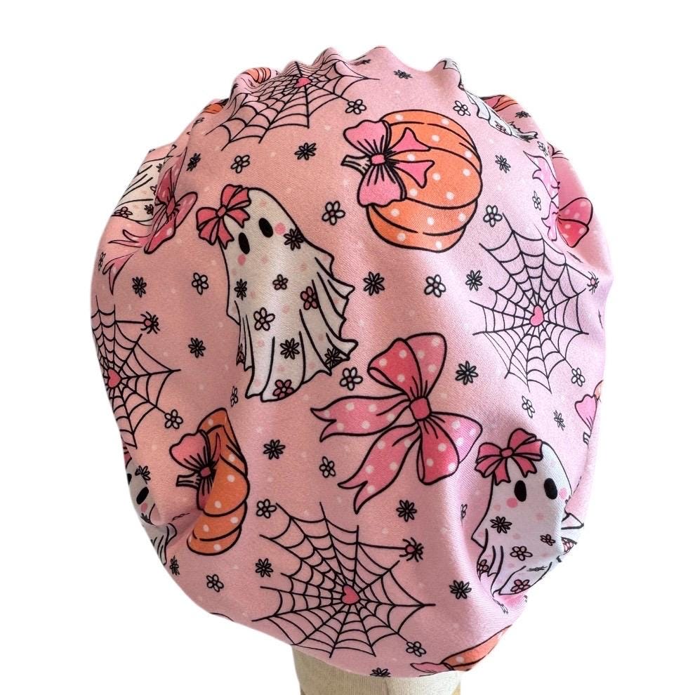 Pink Halloween Bouffant Scrub Cap, Ghost Pumpkin Surgical Cap, Cute Spooky Nurse Hat