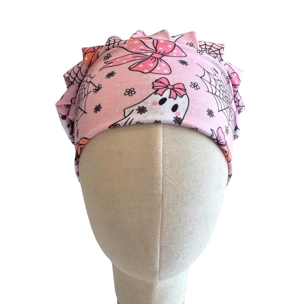 Pink Halloween Bouffant Scrub Cap, Ghost Pumpkin Surgical Cap, Cute Spooky Nurse Hat
