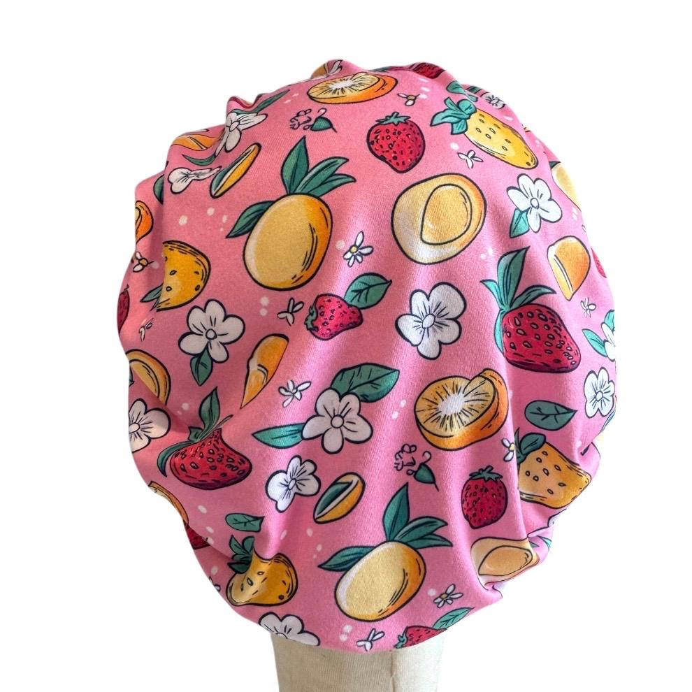 Fruit Bouffant Scrub Cap, Pink Floral Surgical Cap, Summer Nurse Hat