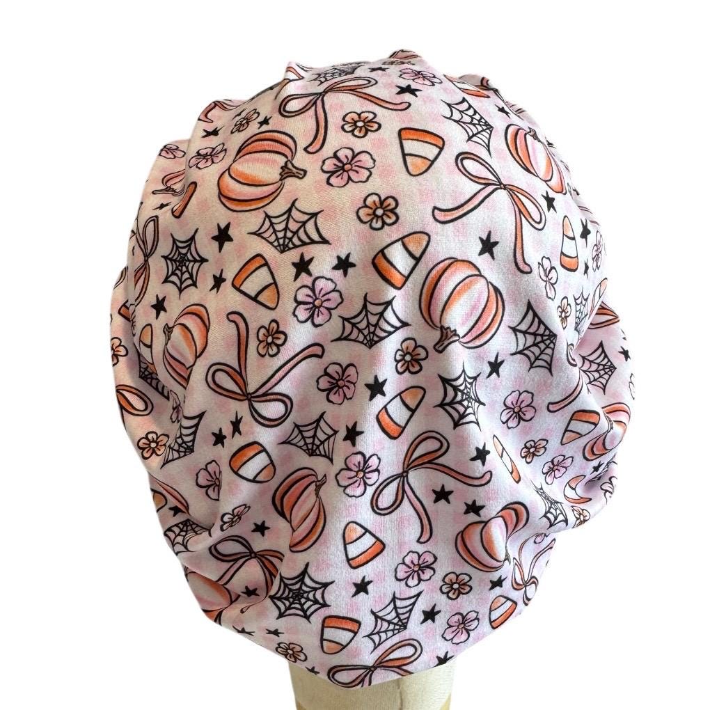Pink Halloween Scrub Cap, Pumpkin Spider Web Candy Corn Surgical Hat