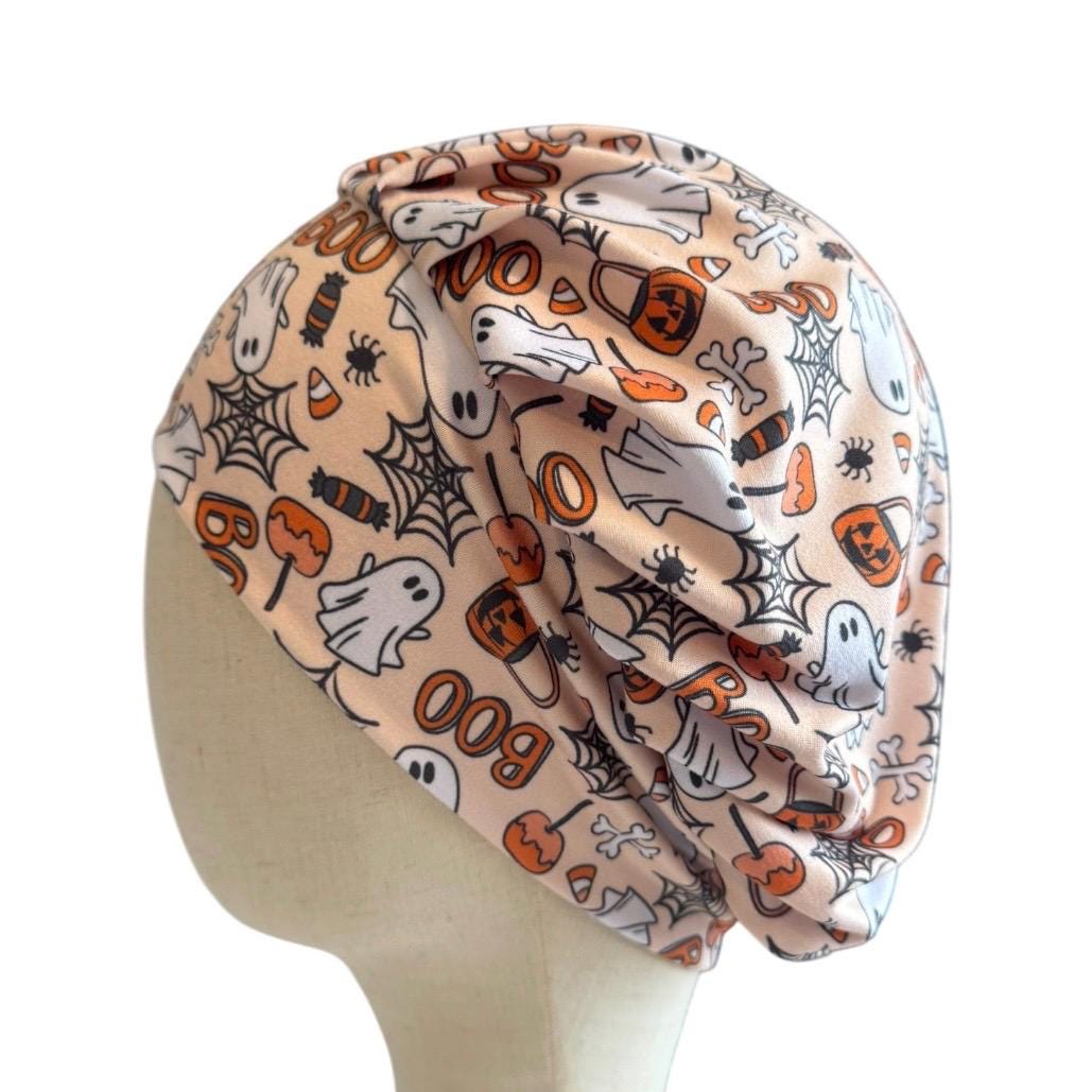 Halloween Ghost Bouffant Scrub Cap, Cute Boo Candy Corn Surgical Cap