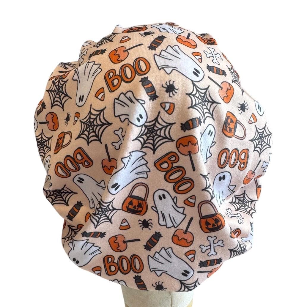 Halloween Ghost Bouffant Scrub Cap, Cute Boo Candy Corn Surgical Cap