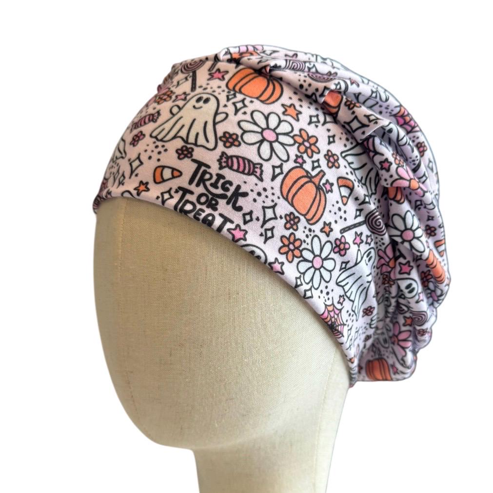 Pink Halloween Bouffant Scrub Cap, Ghost Floral Surgical Hat, OR Cap