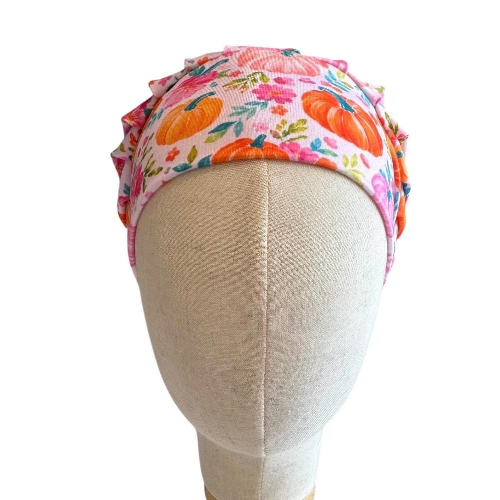 Floral Pumpkin Scrub Cap, Pink Orange Fall Bouffant Surgical Cap, Cute Autumn Nurse Hat