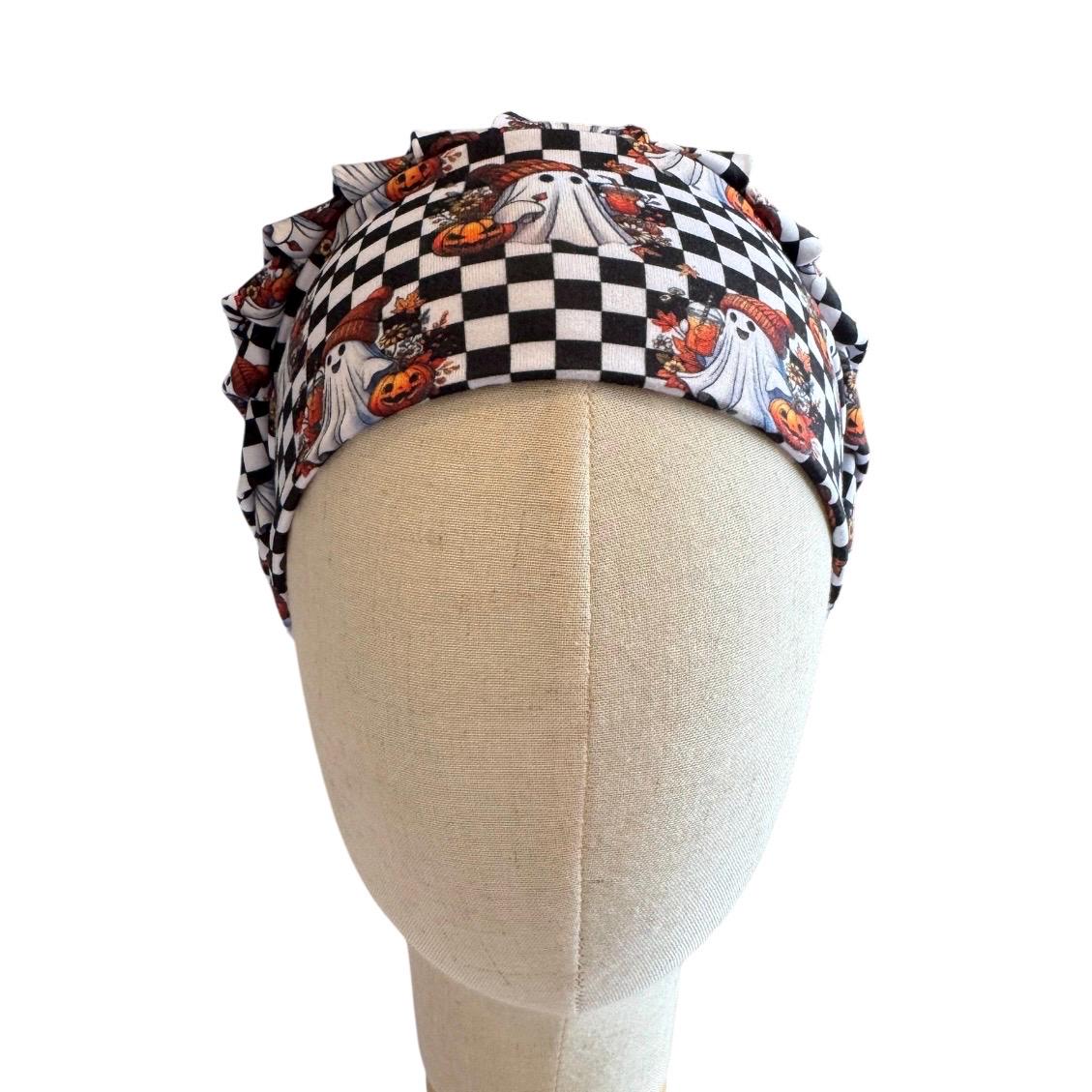 Checkerboard Halloween Scrub Cap, Ghost Pumpkin Bouffant Surgical Cap, Black White Fall Nurse Hat
