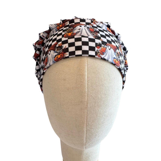 Checkerboard Halloween Scrub Cap, Ghost Pumpkin Bouffant Surgical Cap, Black White Fall Nurse Hat