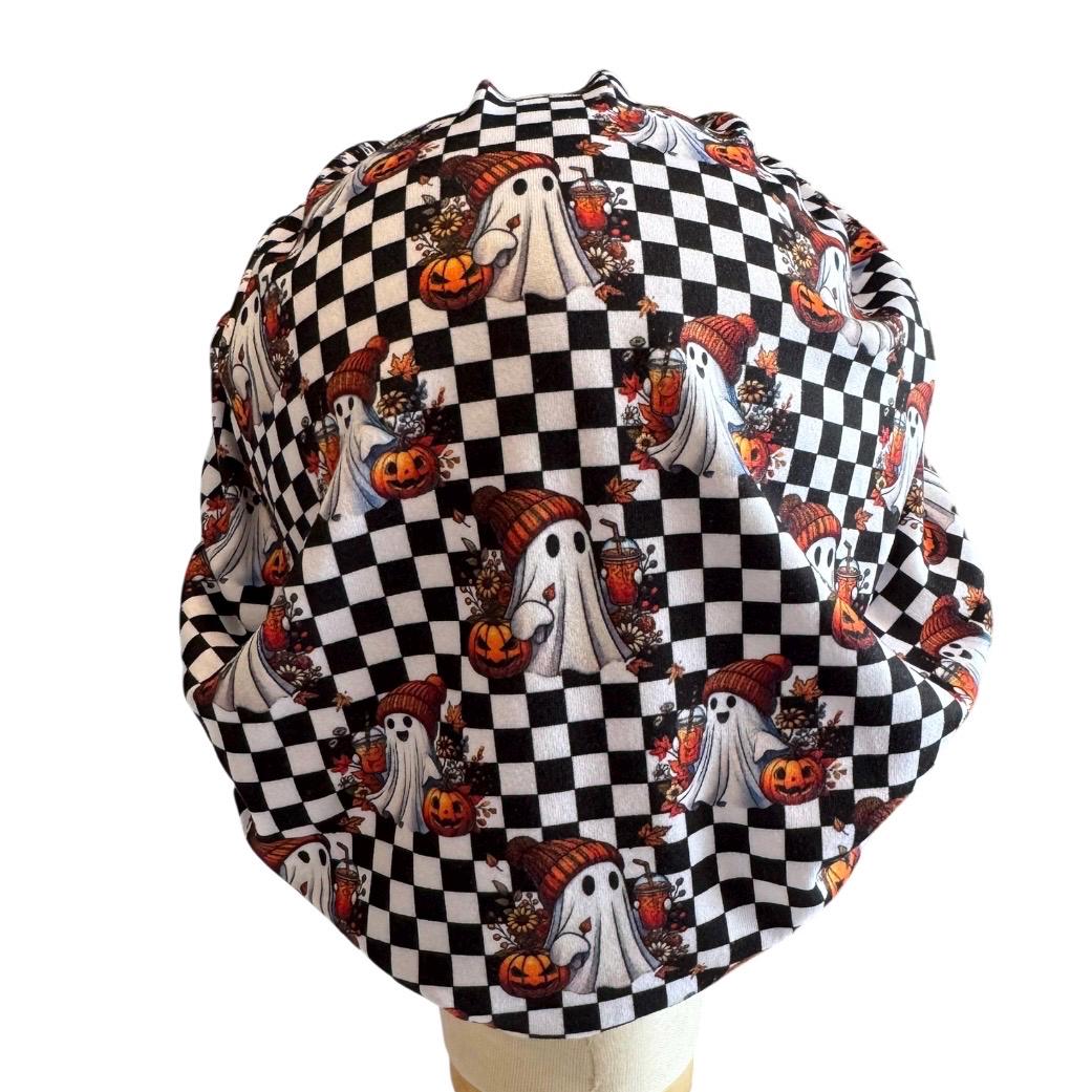 Checkerboard Halloween Scrub Cap, Ghost Pumpkin Bouffant Surgical Cap, Black White Fall Nurse Hat
