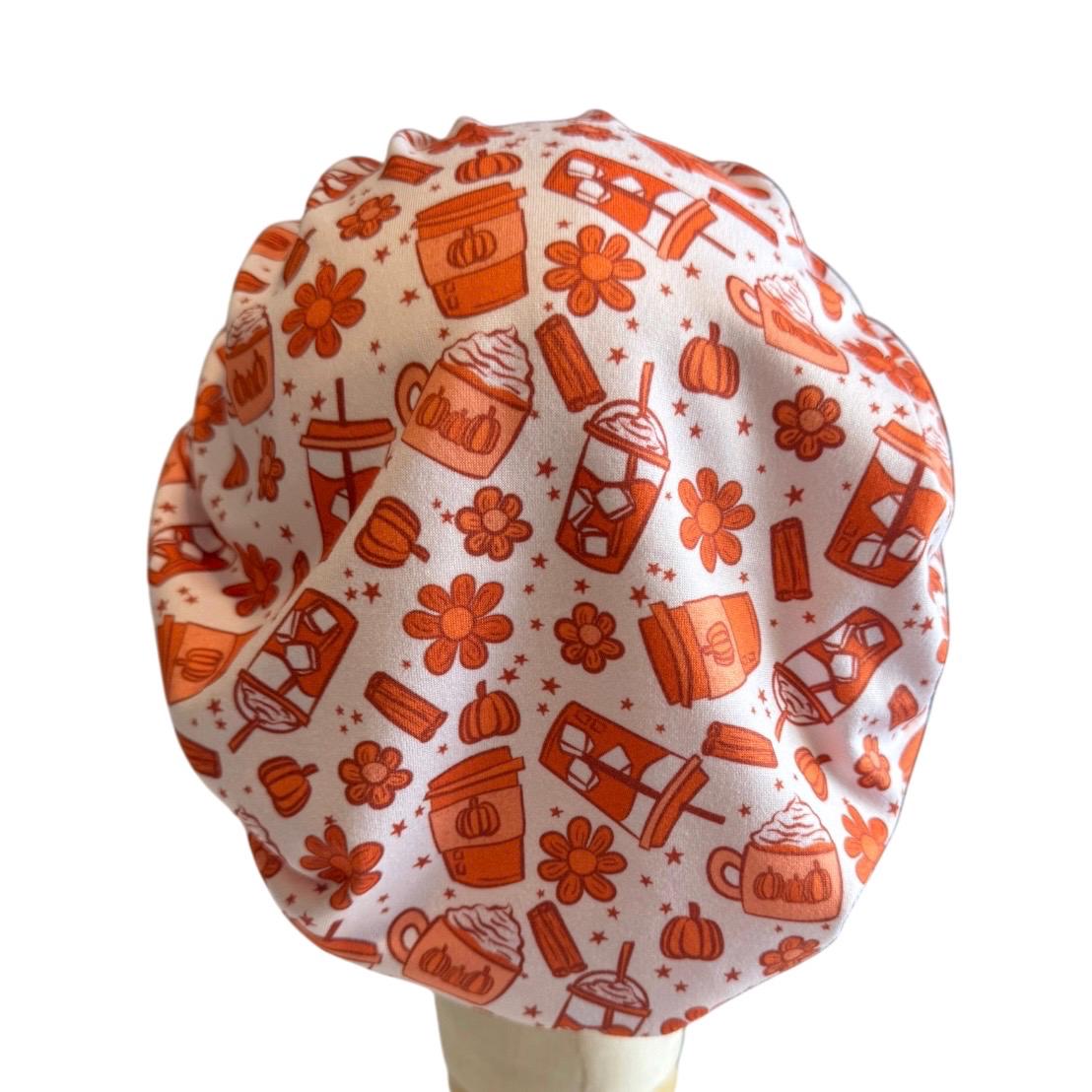 Pumpkin Spice Bouffant Scrub Cap, Fall Coffee Surgical Cap, Pumpkin Nurse Hat
