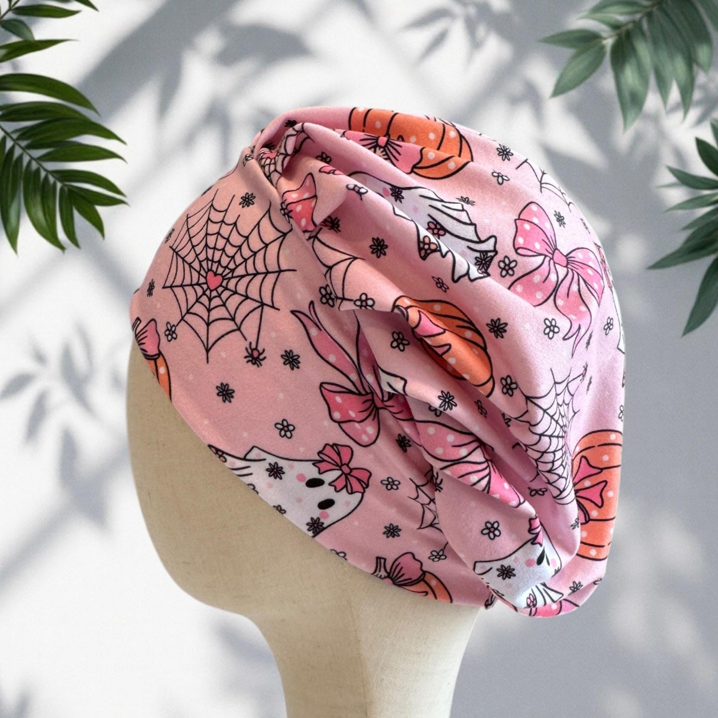 Pink Halloween Bouffant Scrub Cap, Ghost Pumpkin Surgical Cap, Cute Spooky Nurse Hat