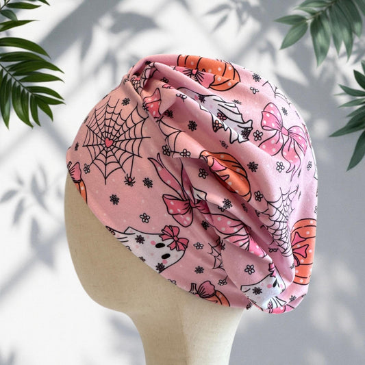 Pink Halloween Bouffant Scrub Cap, Ghost Pumpkin Surgical Cap, Cute Spooky Nurse Hat
