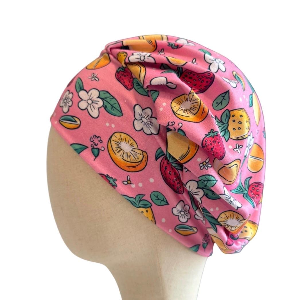 Fruit Bouffant Scrub Cap, Pink Floral Surgical Cap, Summer Nurse Hat