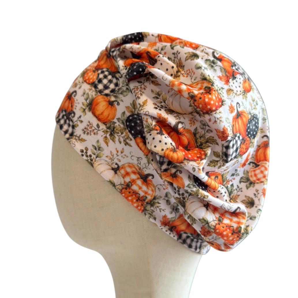 Plaid Pumpkin Bouffant Scrub Cap, Autumn Surgical Hat, Thanksgiving