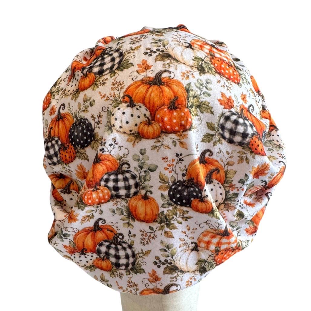 Plaid Pumpkin Bouffant Scrub Cap, Autumn Surgical Hat, Thanksgiving