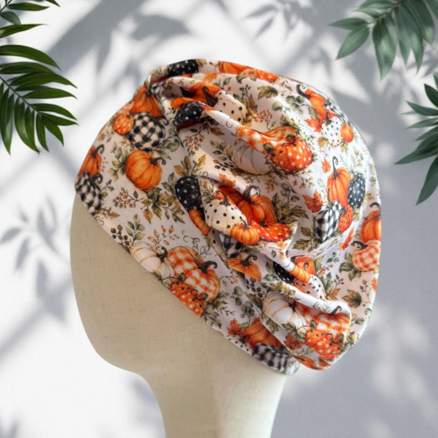Plaid Pumpkin Bouffant Scrub Cap, Autumn Surgical Hat, Thanksgiving