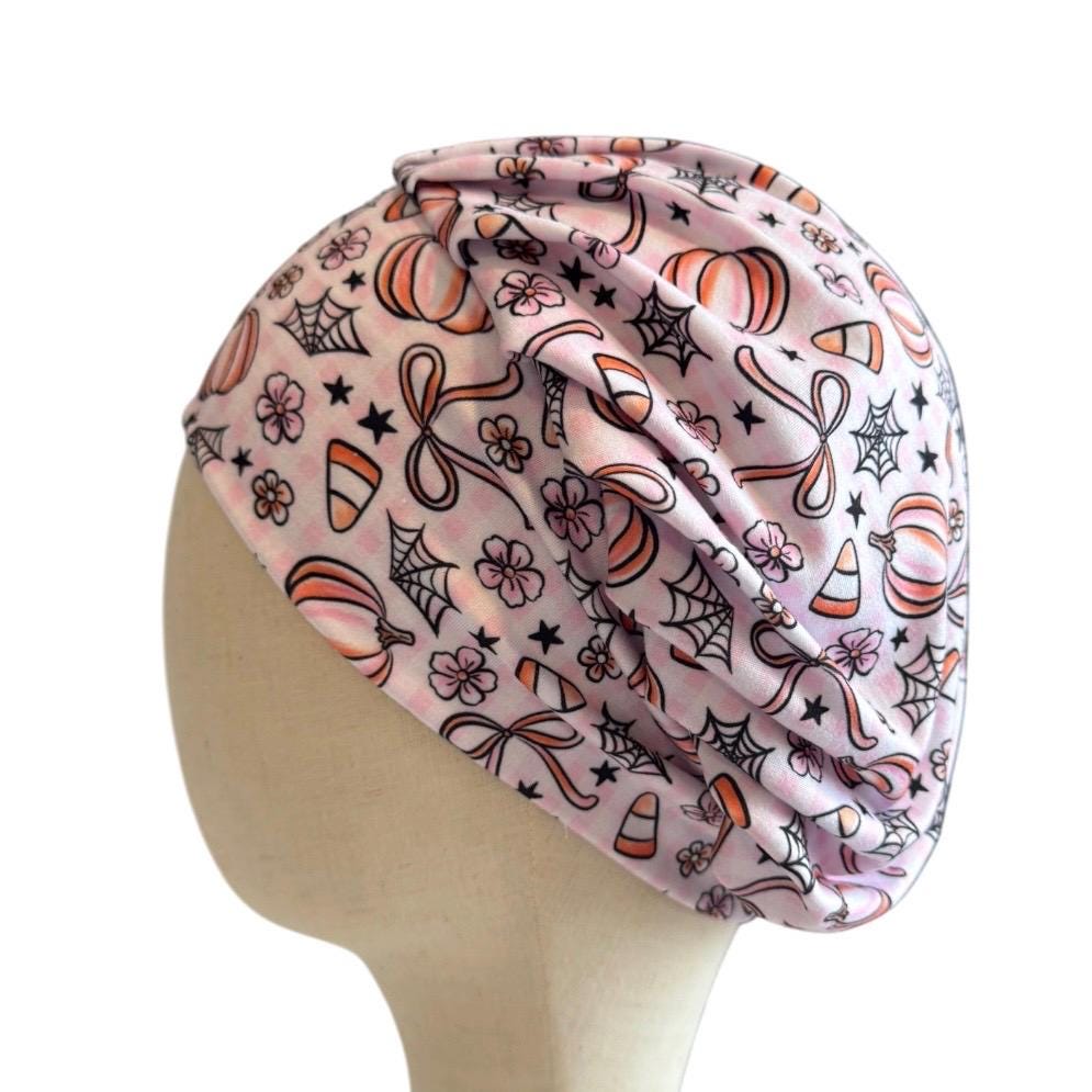 Pink Halloween Scrub Cap, Pumpkin Spider Web Candy Corn Surgical Hat