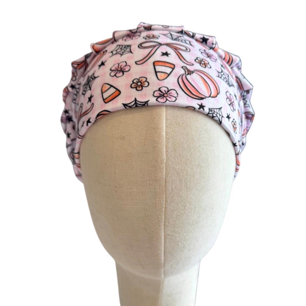 Pink Halloween Scrub Cap, Pumpkin Spider Web Candy Corn Surgical Hat