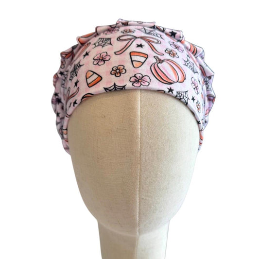 Pink Halloween Scrub Cap, Pumpkin Spider Web Candy Corn Surgical Hat