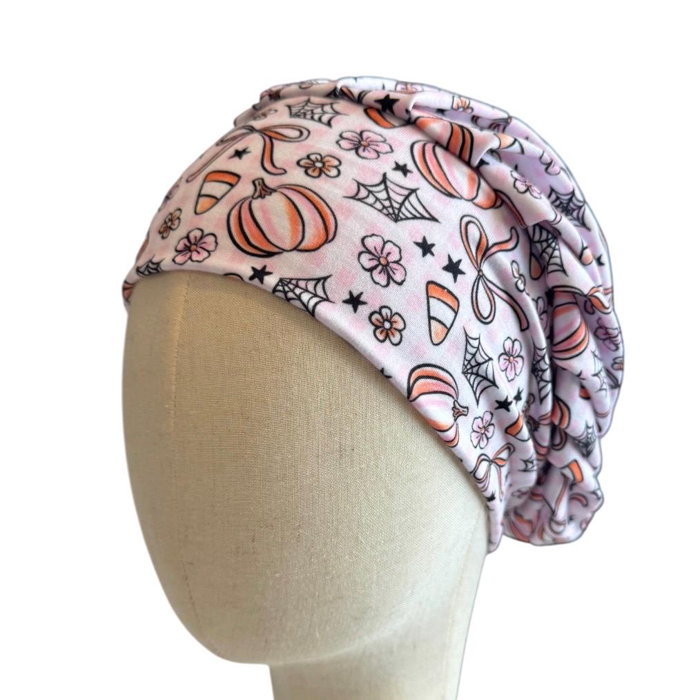 Pink Halloween Scrub Cap, Pumpkin Spider Web Candy Corn Surgical Hat