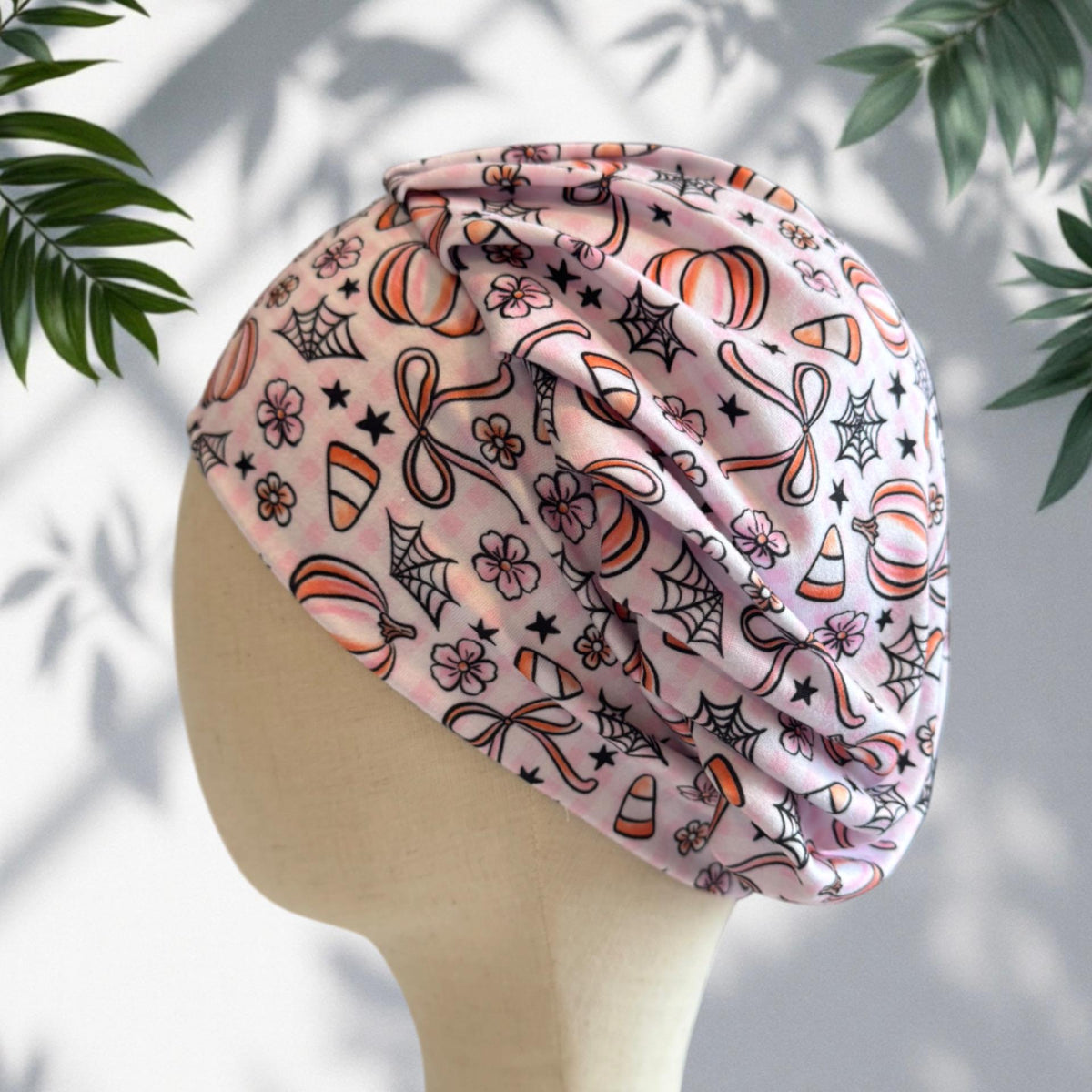 Pink Halloween Scrub Cap, Pumpkin Spider Web Candy Corn Surgical Hat