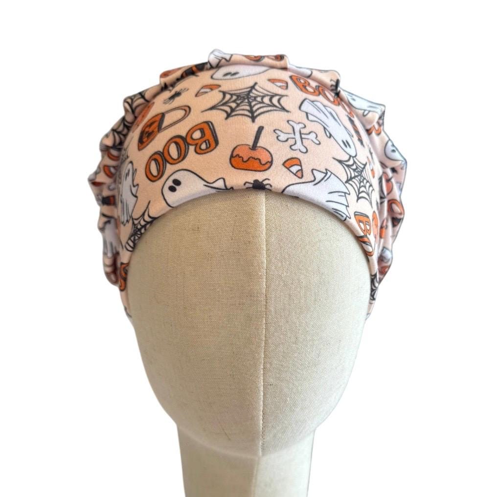 Halloween Ghost Bouffant Scrub Cap, Cute Boo Candy Corn Surgical Cap