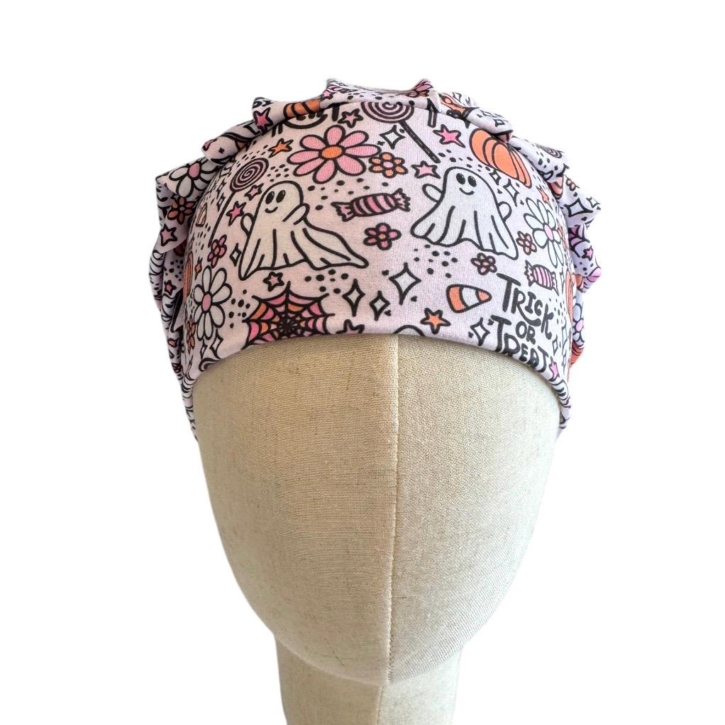 Pink Halloween Bouffant Scrub Cap, Ghost Floral Surgical Hat, OR Cap
