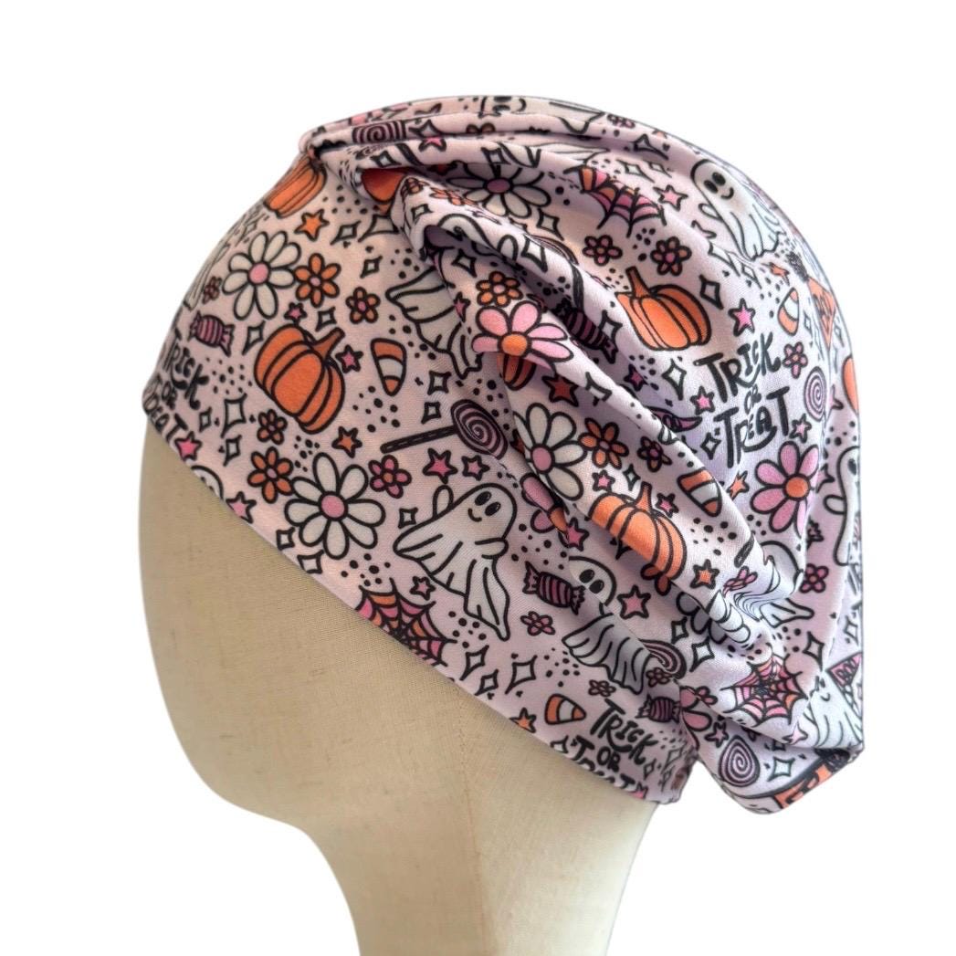 Pink Halloween Bouffant Scrub Cap, Ghost Floral Surgical Hat, OR Cap