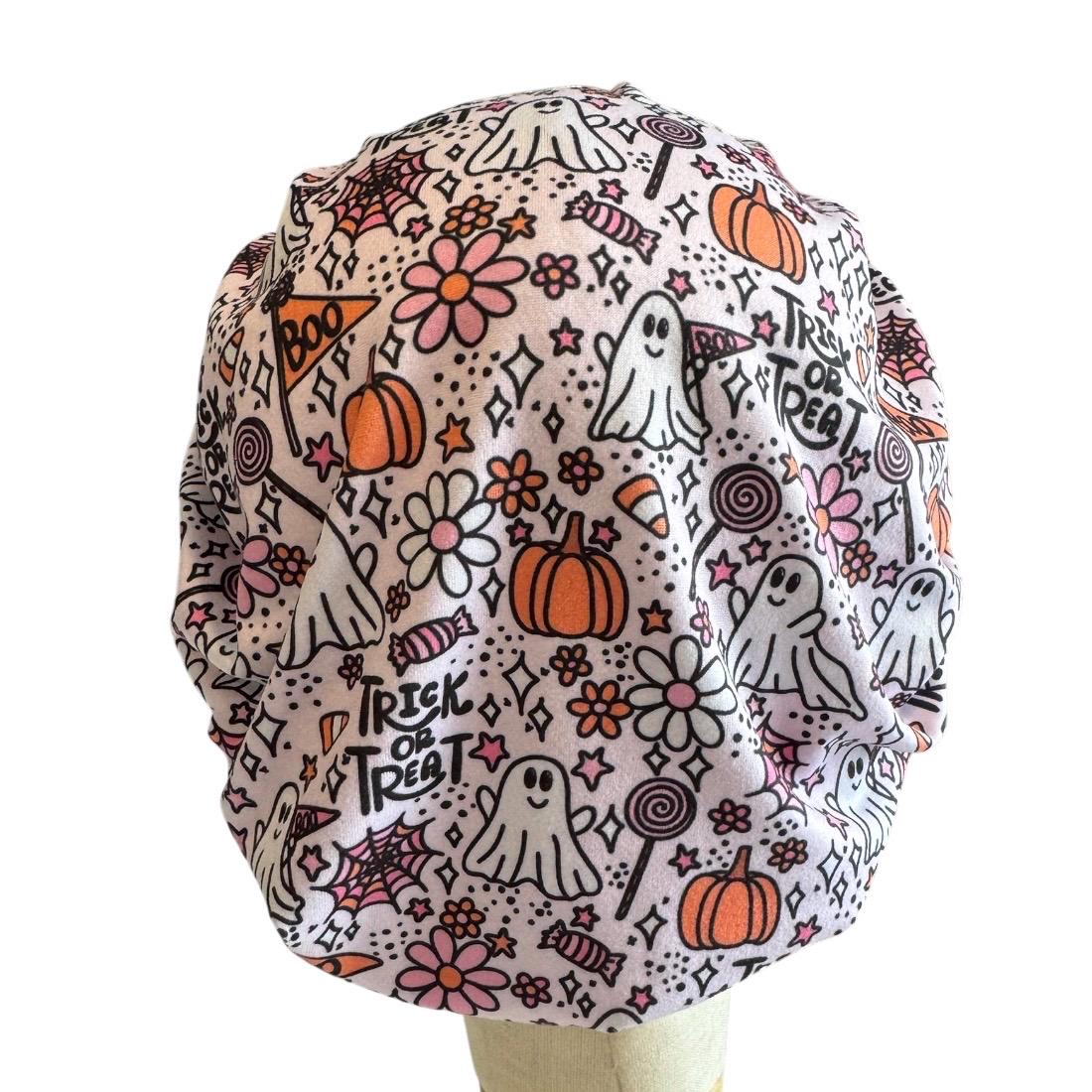 Pink Halloween Bouffant Scrub Cap, Ghost Floral Surgical Hat, OR Cap
