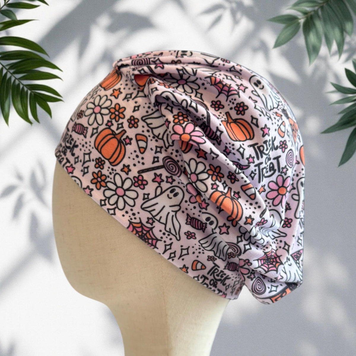 Pink Halloween Bouffant Scrub Cap, Ghost Floral Surgical Hat, OR Cap