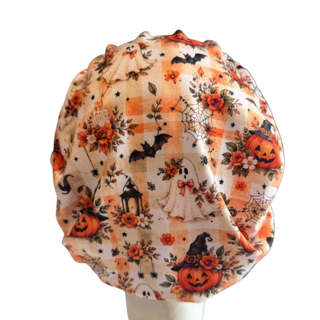 Vintage Halloween Scrub Cap, Ghost Pumpkin Floral Bouffant Surgical Cap