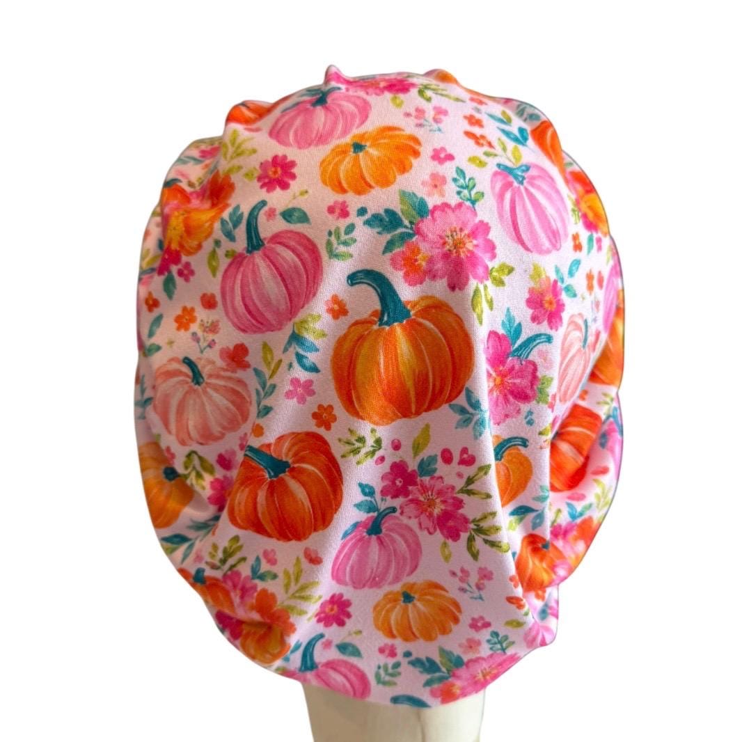 Floral Pumpkin Scrub Cap, Pink Orange Fall Bouffant Surgical Cap, Cute Autumn Nurse Hat