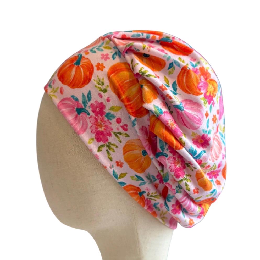 Floral Pumpkin Scrub Cap, Pink Orange Fall Bouffant Surgical Cap, Cute Autumn Nurse Hat