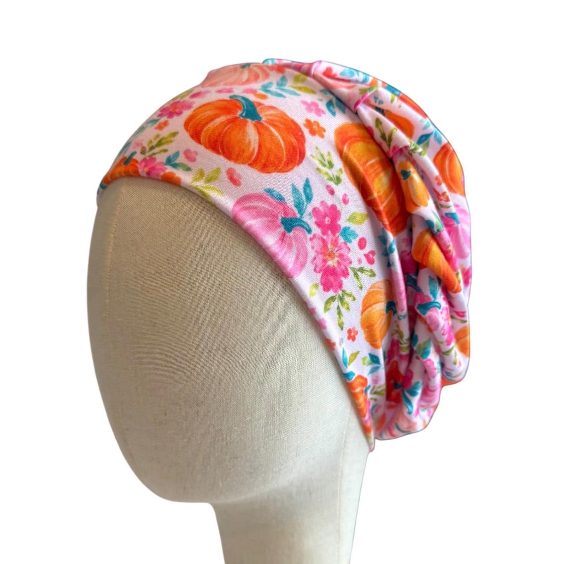 Floral Pumpkin Scrub Cap, Pink Orange Fall Bouffant Surgical Cap, Cute Autumn Nurse Hat