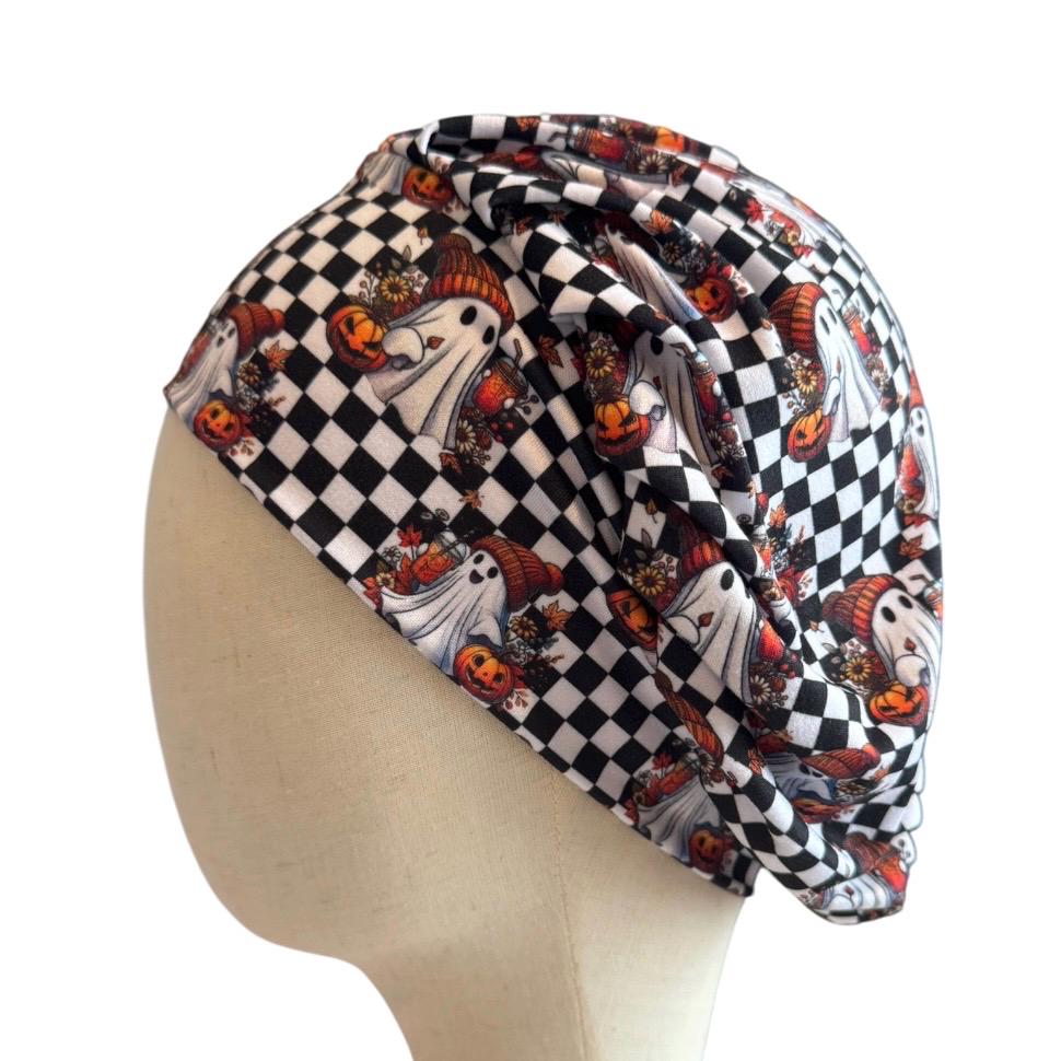 Checkerboard Halloween Scrub Cap, Ghost Pumpkin Bouffant Surgical Cap, Black White Fall Nurse Hat