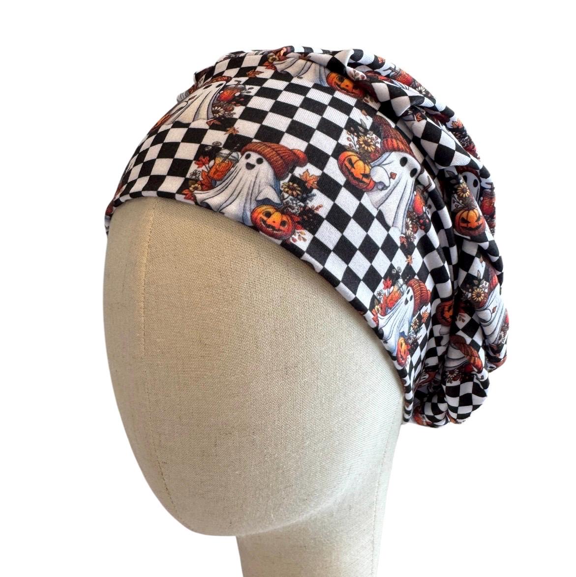Checkerboard Halloween Scrub Cap, Ghost Pumpkin Bouffant Surgical Cap, Black White Fall Nurse Hat