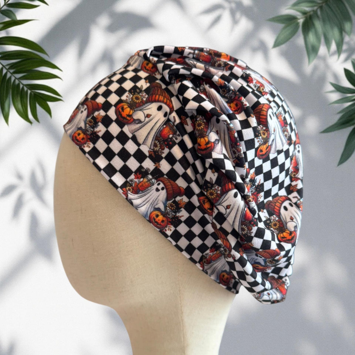Checkerboard Halloween Scrub Cap, Ghost Pumpkin Bouffant Surgical Cap, Black White Fall Nurse Hat