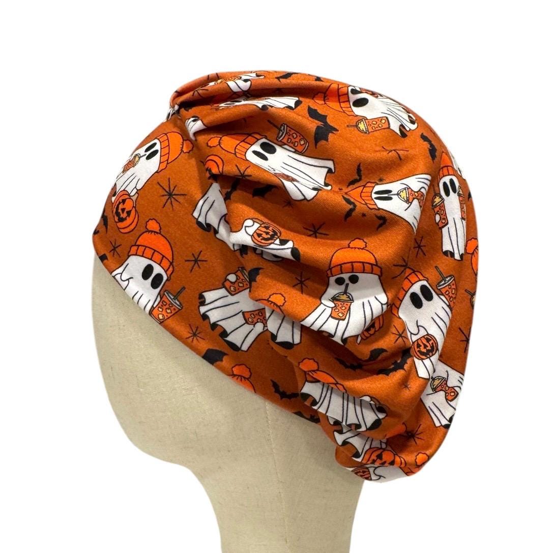 Copper Halloween Bouffant Scrub Cap, Cute Ghosts Coffee Pumpkins, Spooky Surgical Hat, Nurse Scrub Cap