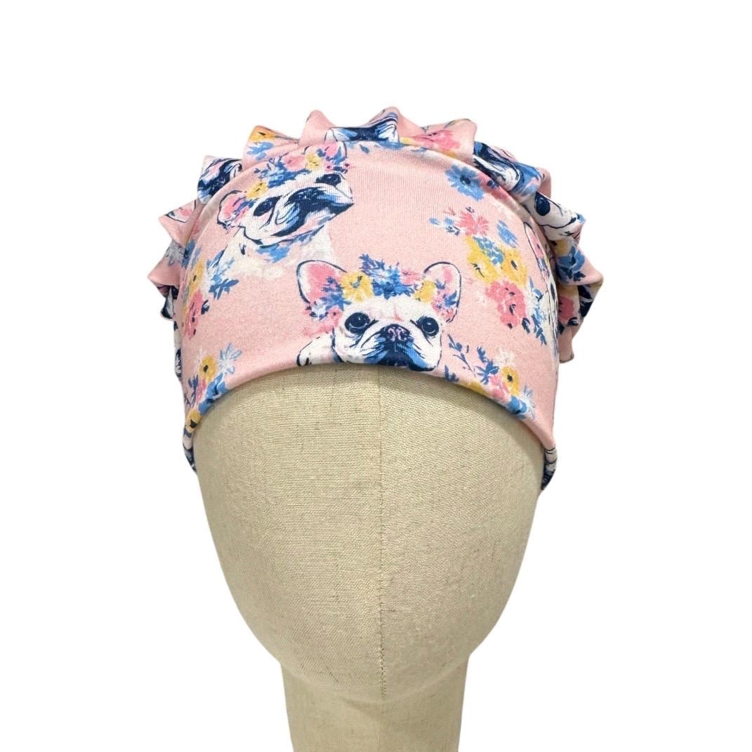 French Bulldog Bouffant Scrub Cap, Pink Floral Dog Surgical Hat, Cute Nurse Scrub Cap, Long Hair Scrub Hat
