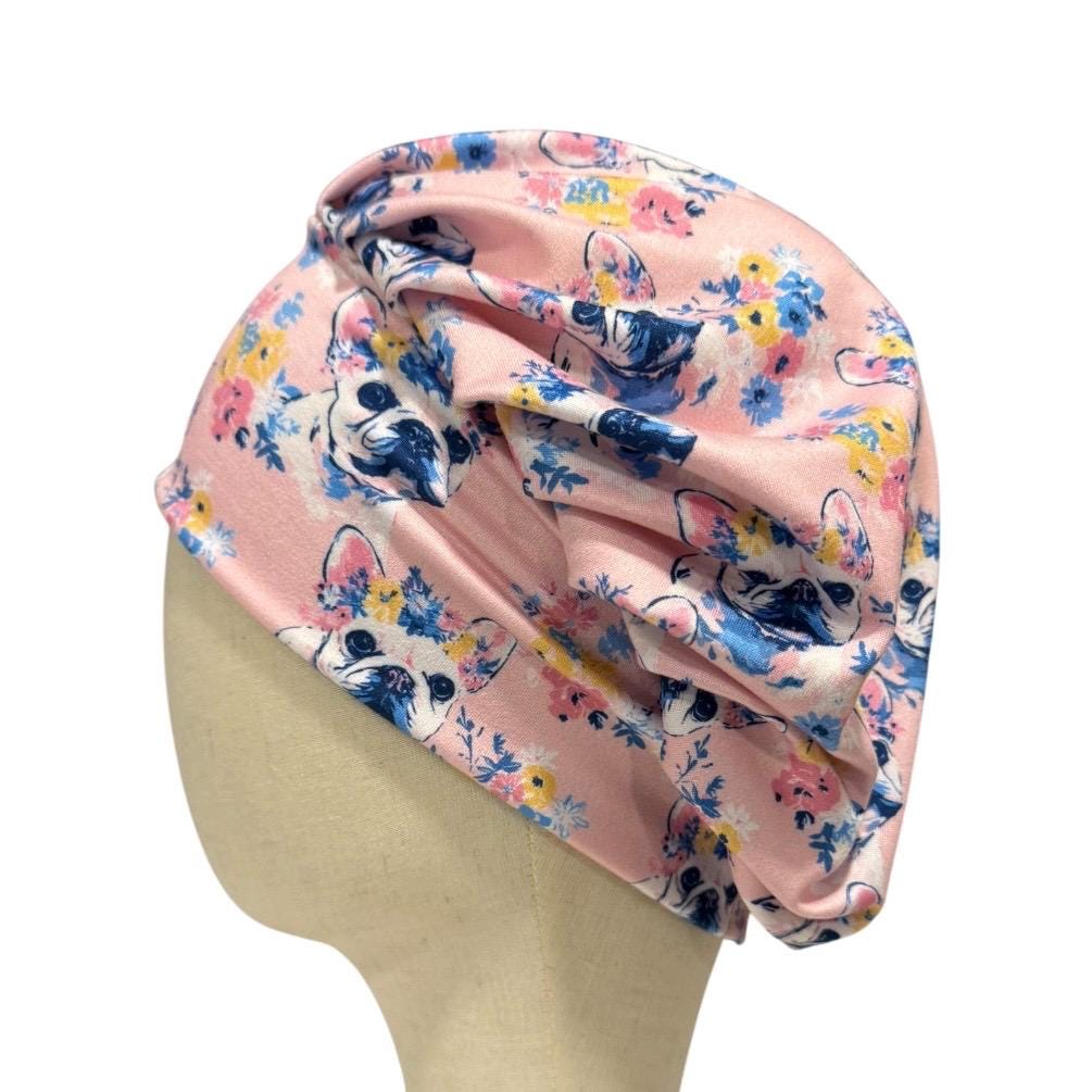 French Bulldog Bouffant Scrub Cap, Pink Floral Dog Surgical Hat, Cute Nurse Scrub Cap, Long Hair Scrub Hat