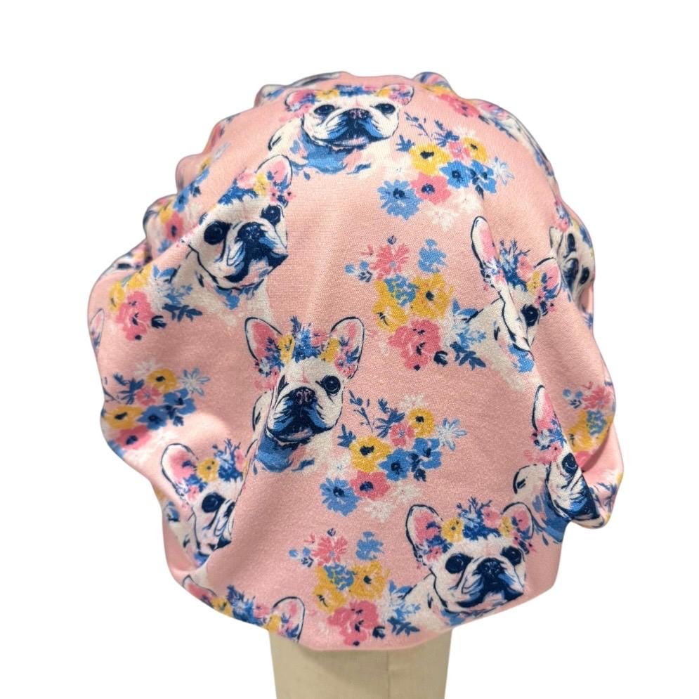French Bulldog Bouffant Scrub Cap, Pink Floral Dog Surgical Hat, Cute Nurse Scrub Cap, Long Hair Scrub Hat