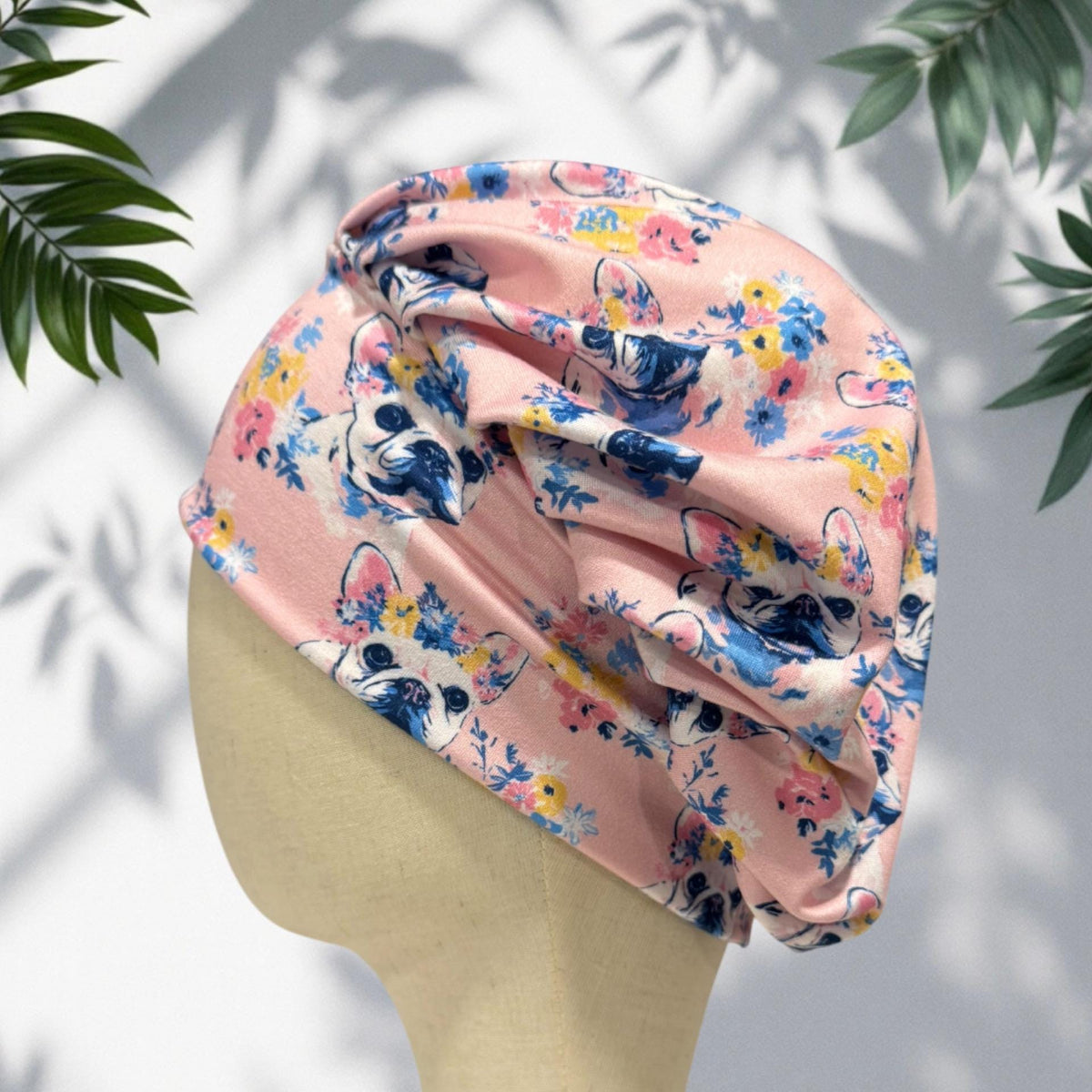 French Bulldog Bouffant Scrub Cap, Pink Floral Dog Surgical Hat, Cute Nurse Scrub Cap, Long Hair Scrub Hat