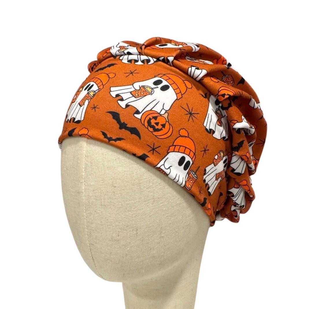 Copper Halloween Bouffant Scrub Cap, Cute Ghosts Coffee Pumpkins, Spooky Surgical Hat, Nurse Scrub Cap