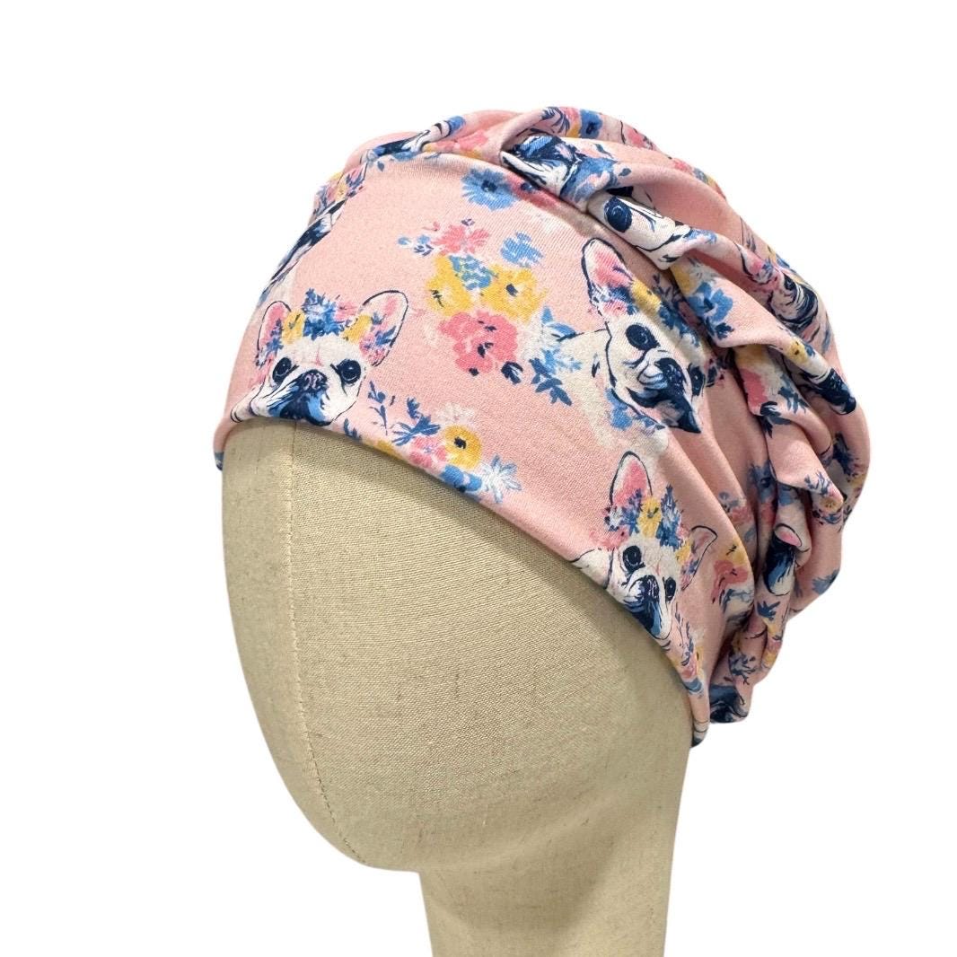 French Bulldog Bouffant Scrub Cap, Pink Floral Dog Surgical Hat, Cute Nurse Scrub Cap, Long Hair Scrub Hat