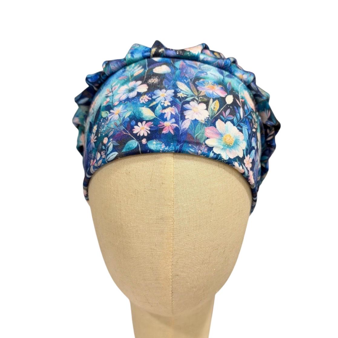 Blue Floral Bouffant Scrub Cap for Women, Surgical Scrub Hat